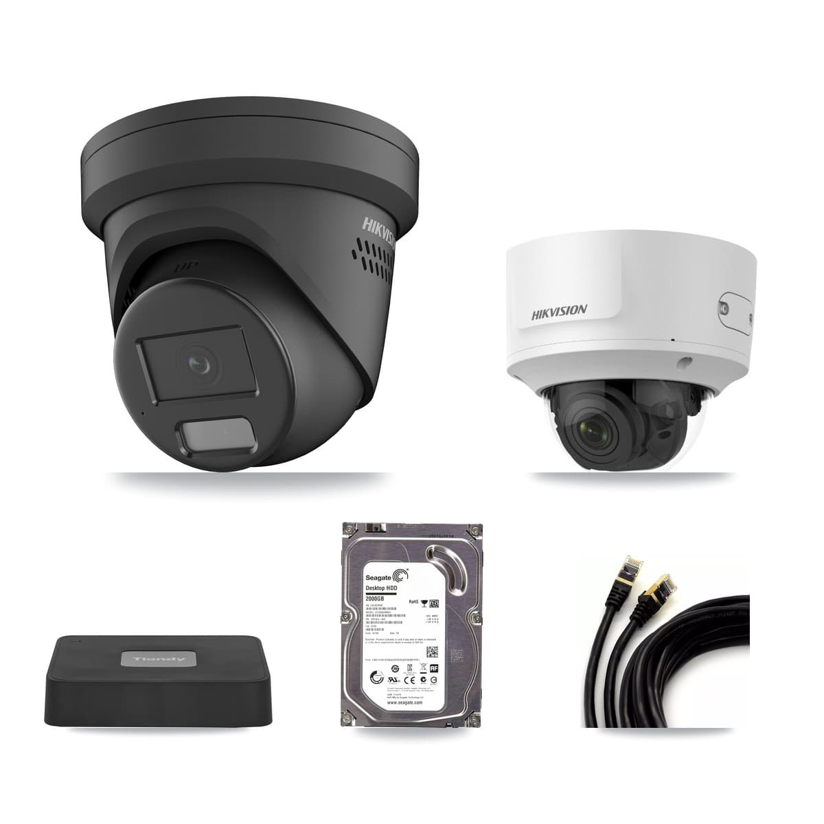 Hikvision & Tiandy 4-Channel 2MP – 4MP CCTV Kit — 1 Black 4MP Turret + 1 2MP Dome Cameras + 2TB Recording