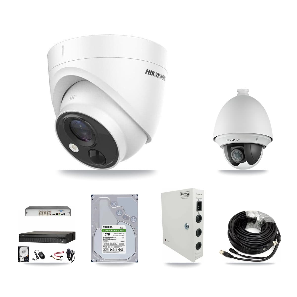 Hikvision & Dahua 8-Channel 2MP – 5MP CCTV Kit — 1 2MP PTZ + 7 5MP Turret Cameras + 10TB Recording (XVR-3108AD Recorder)