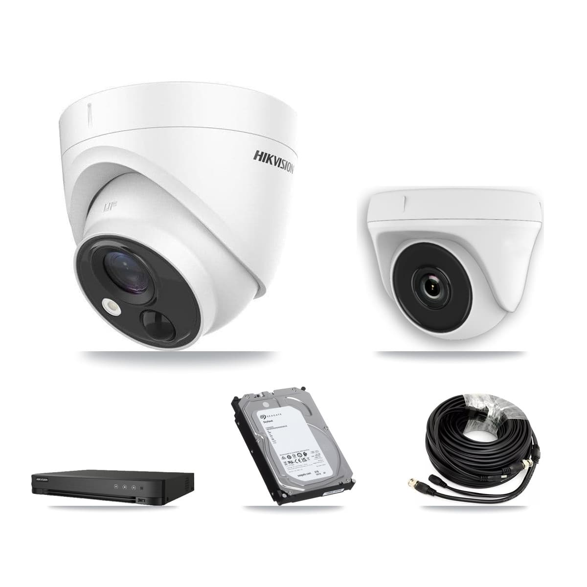 Hikvision 8-Channel 2MP – 5MP CCTV Kit — 3 DS-2CE71H0T-PIRLO 5MP Turret + 1 White HDT-2MP-N20W-2.8MM 2MP Dome Cameras + 6TB Recording (IDS-7208HUHI-M1/E Recorder) - Image 1