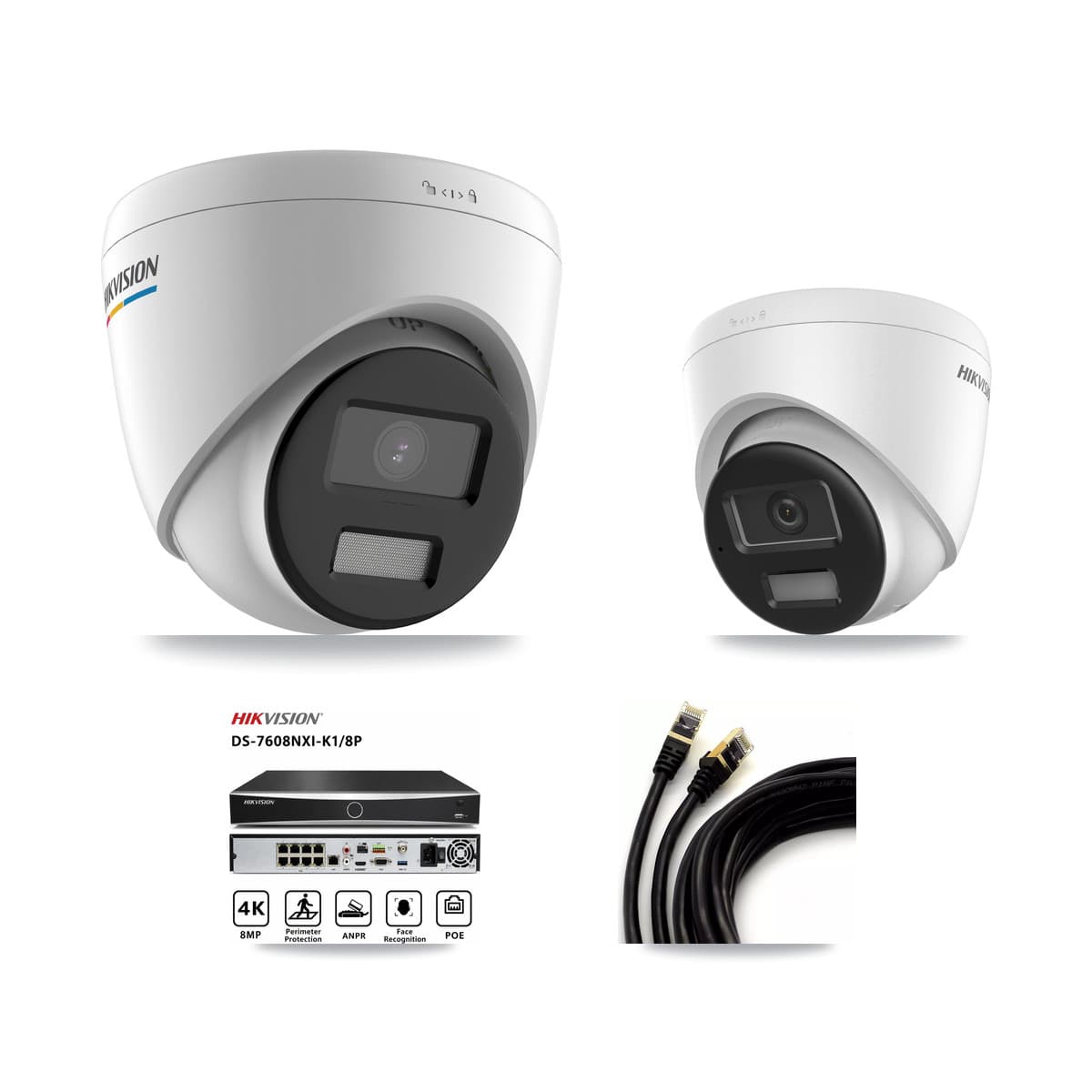 Hikvision 8-Channel 2MP – 4K CCTV Kit — 1 2MP + 1 4K Turret Cameras + 3TB Recording (DS-7608NXI Recorder)