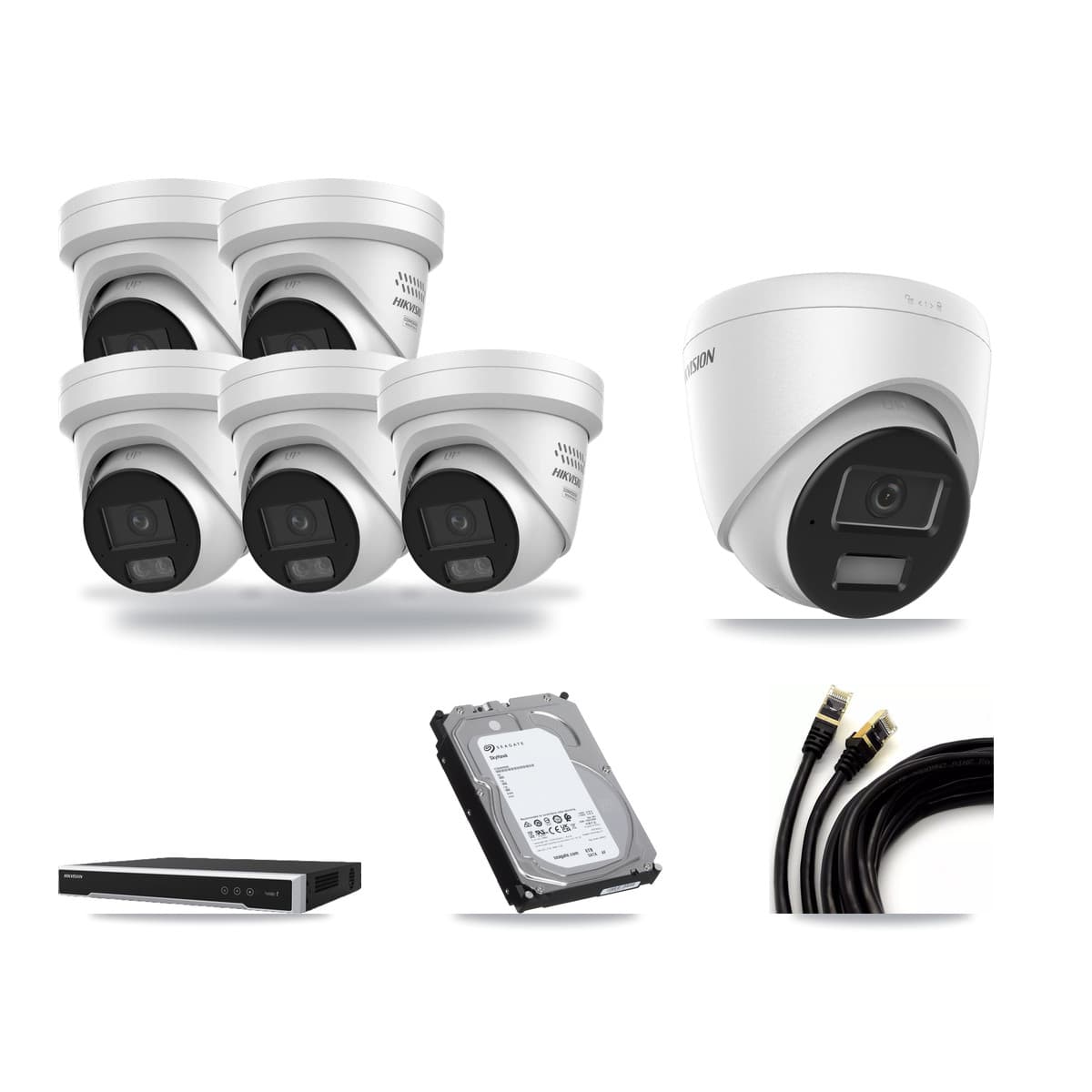Hikvision 16-Channel 4MP CCTV Kit — 1 DS-2CD1343G2 + 5 DS-2CD2347G3 Turret Cameras + 6TB Recording (DS-7616NI-M2 Recorder) - Image 1