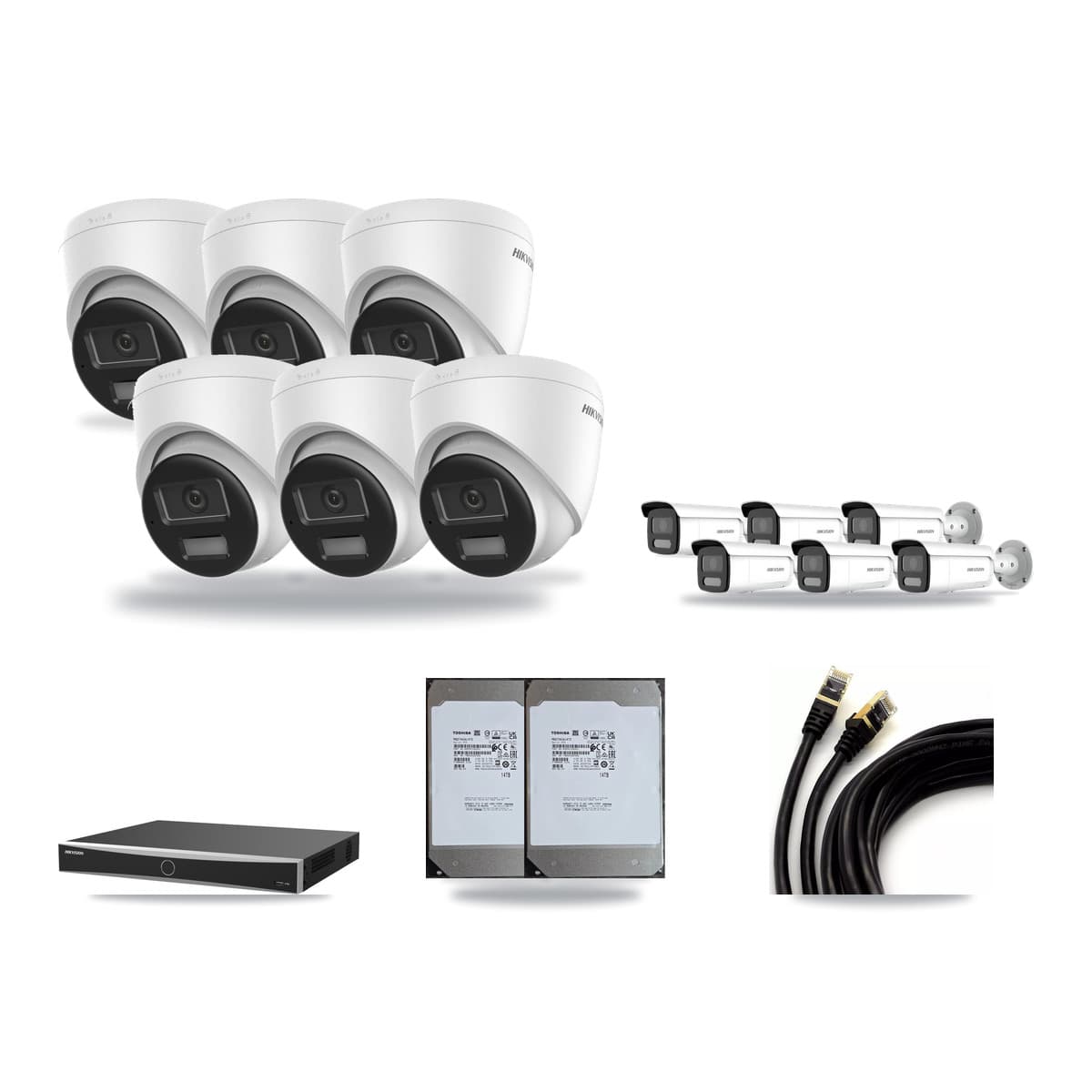 Hikvision 16-Channel 4MP – 4K CCTV Kit — 6 DS-2CD1383G2-LIUF/SL 4K Turret + 6 DS-2CD2T47G2H-LISU/SL 4MP Bullet Cameras + 2× 14TB Recording (DS-7616NXI-K2/16P(E) Recorder) - Image 1