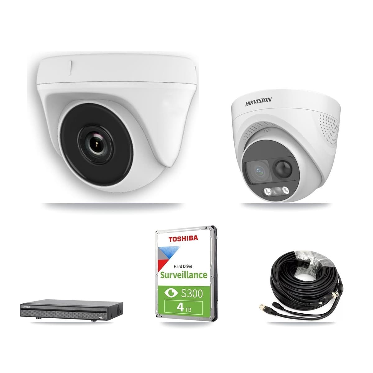 Hikvision & Dahua 8-Channel 2MP – 5MP CCTV Kit — 1 DS-2CE72KF3T 5MP Turret + 4 White HDT-2MP-N20W 2MP Dome Cameras + 4TB Recording