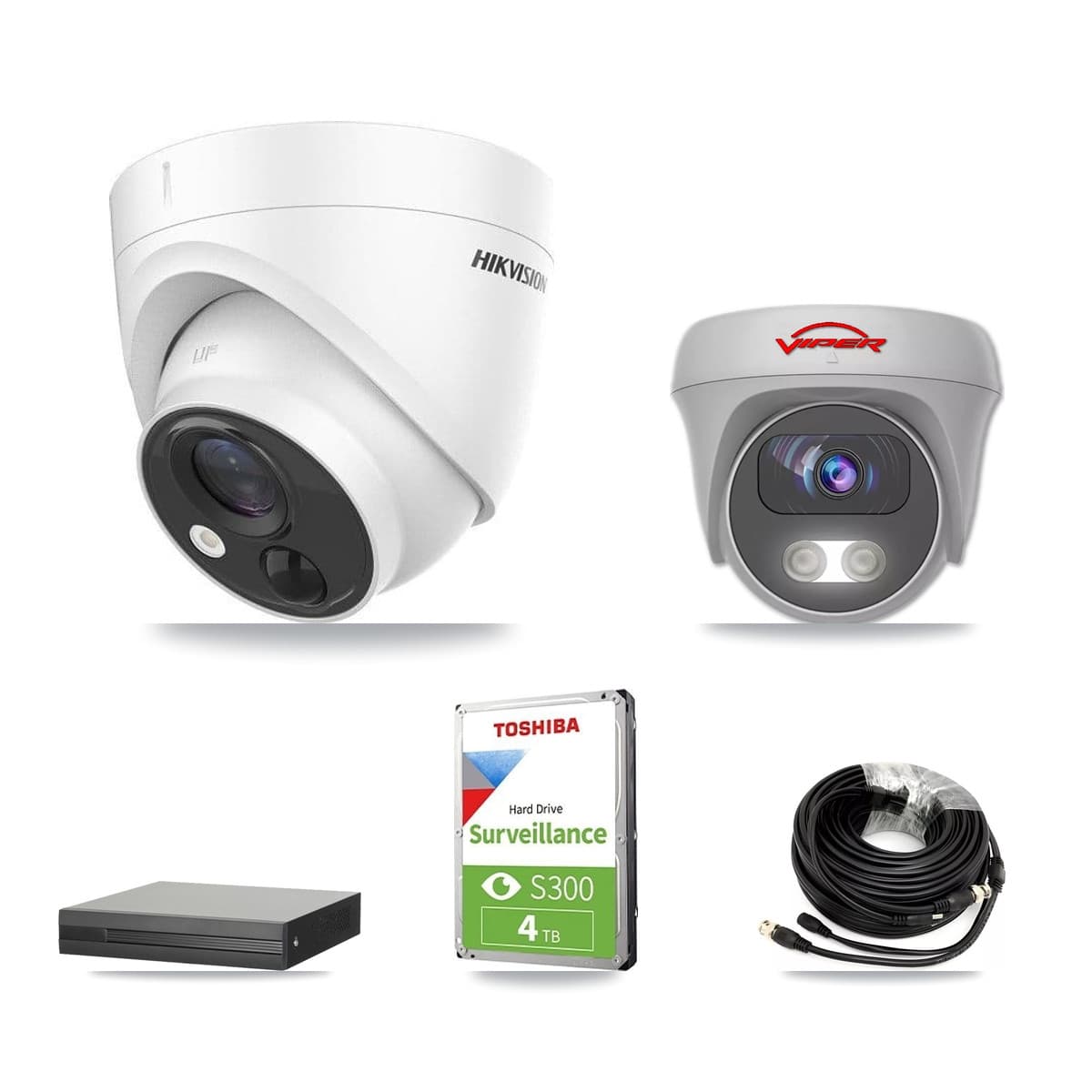 Hikvision & Viper 4-Channel 5MP CCTV Kit — 2 DS-2CE71H0T Turret + 1 White VIPER-5MP-3K Cameras + 4TB Recording (XVR-3104HS Recorder)