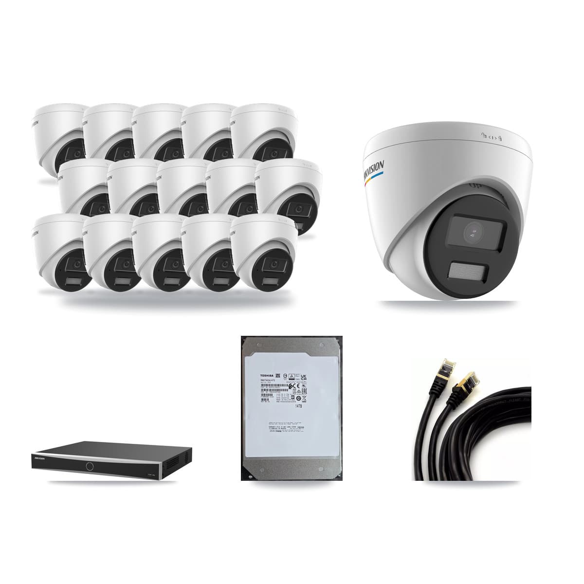 Hikvision 16-Channel 2MP – 4MP CCTV Kit — 1 2MP + 15 4MP Turret Cameras + 14TB Recording (DS-7616NXI Recorder) - Image 1