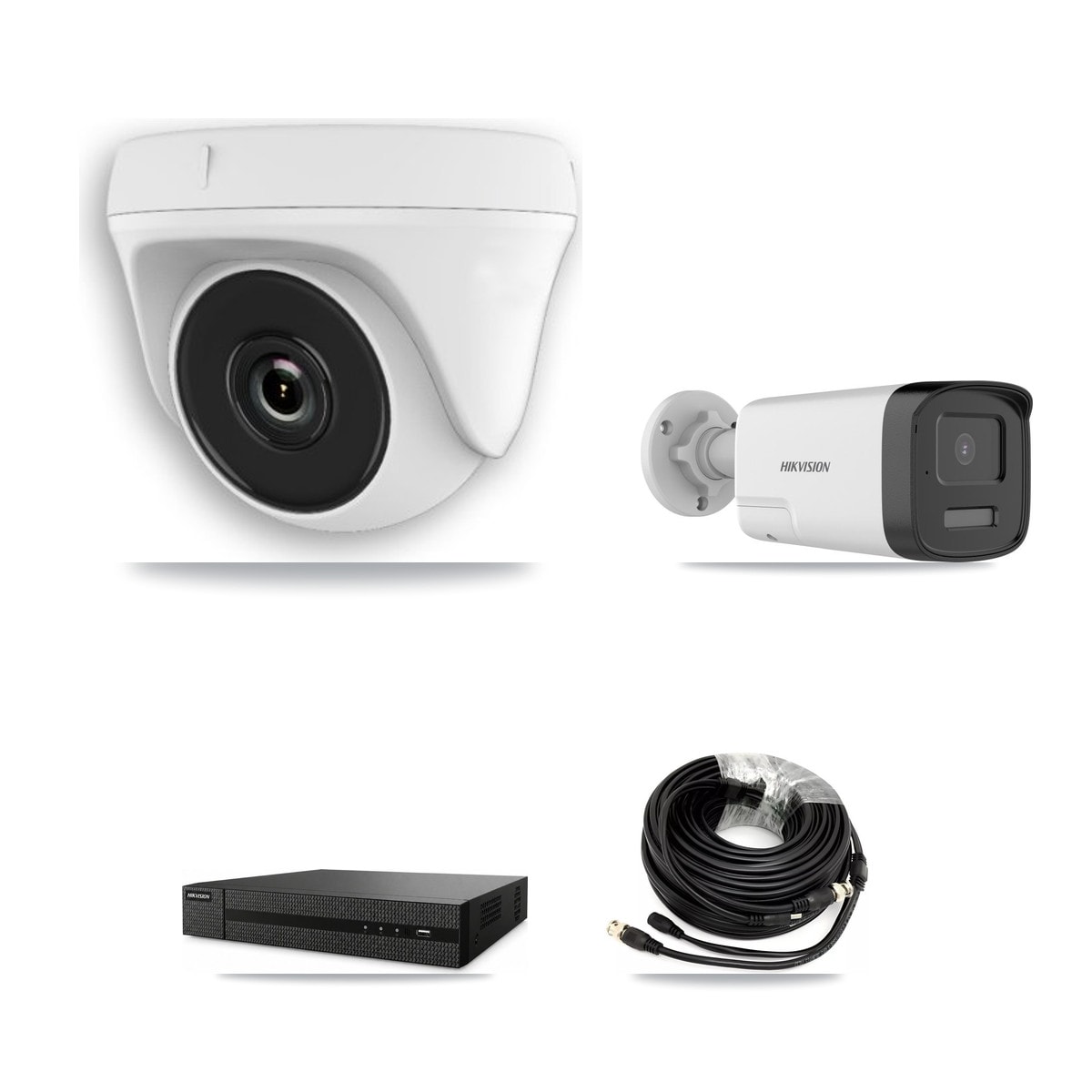 Hikvision 8-Channel 2MP – 5MP CCTV Kit — 1 DS-2CE17K0T 5MP Bullet + 3 White HDT-2MP-N20W 2MP Dome Cameras + 3TB Recording (DVR-8CH Recorder)