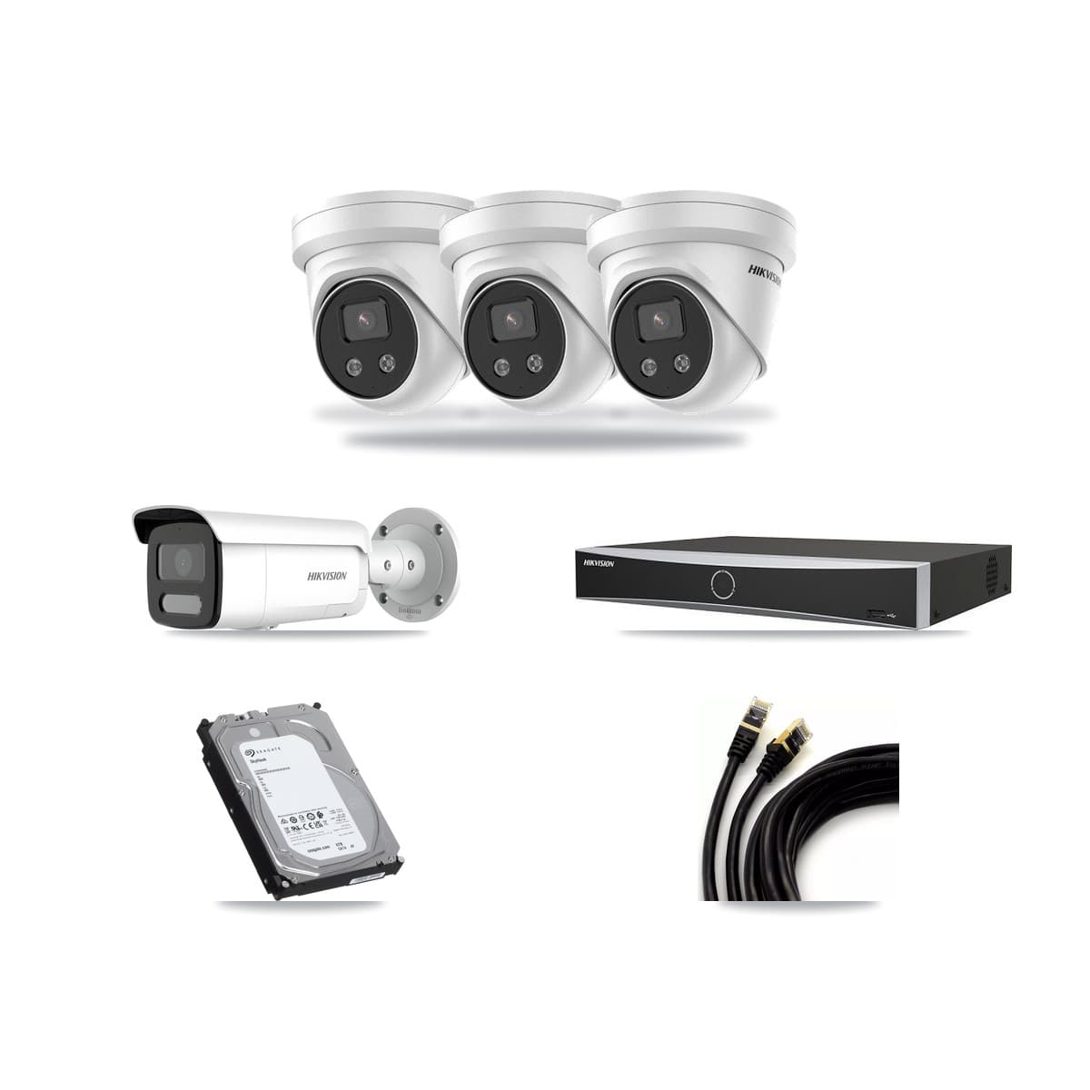 Hikvision 4-channel CCTV kit: 4 cameras (3× 5MP Turret + 1× 4MP Bullet), 6TB hard drive