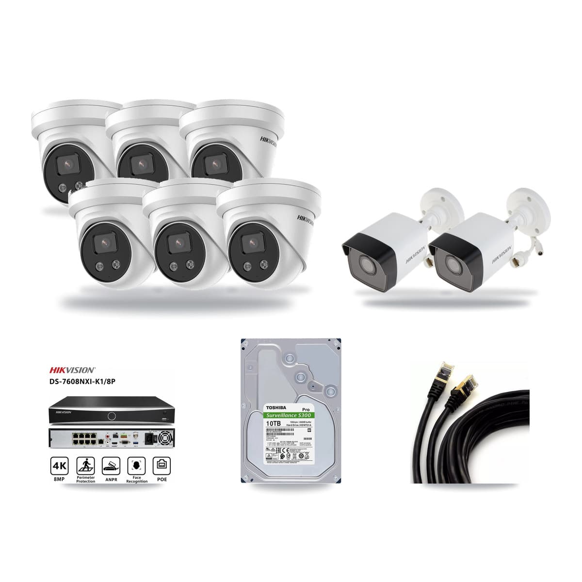 Hikvision 8-Channel 5MP CCTV Kit — 2 DS-2CD1053G0 Bullet + 6 DS-2CD3356G2 Turret Cameras + 10TB Recording - Image 1