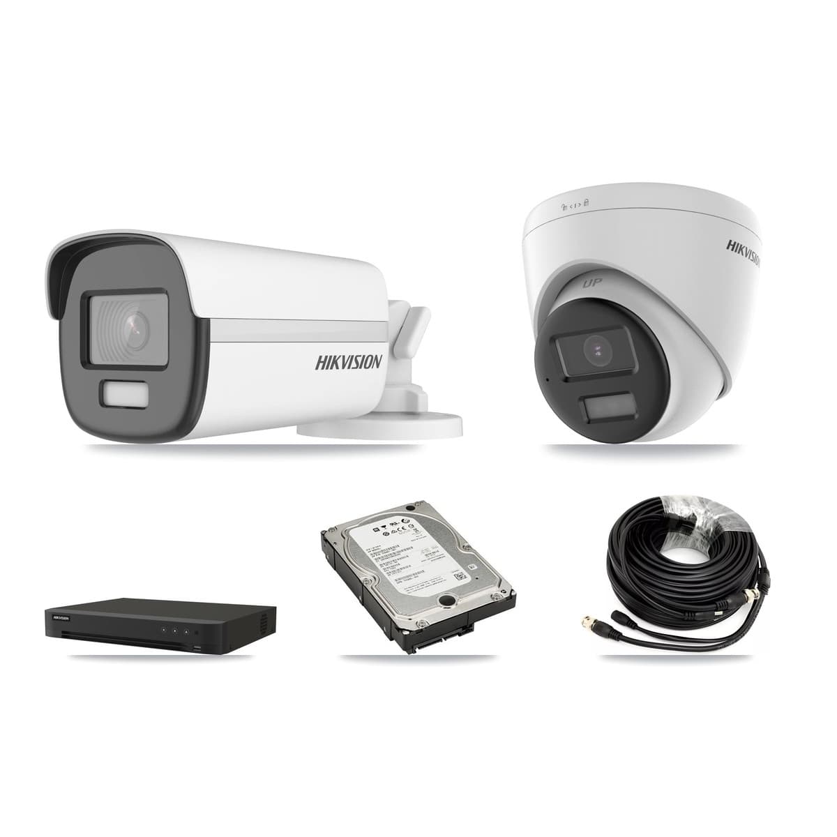 Hikvision 8-Channel 4K CCTV Kit — 1 DS-2CE12UF3T-E Bullet + 1 DS-2CE78U0T-LPTS Turret Cameras + 5TB Recording (IDS-7208HUHI-M1/XT Recorder)