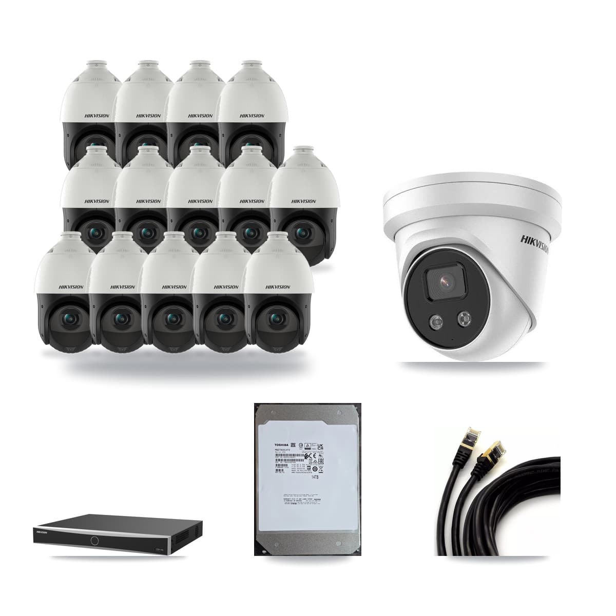 Hikvision 16-Channel 4MP – 5MP CCTV Kit — 1 5MP Turret + 14 4MP PTZ Cameras + 14TB Recording (DS-7616NXI Recorder) - Image 1