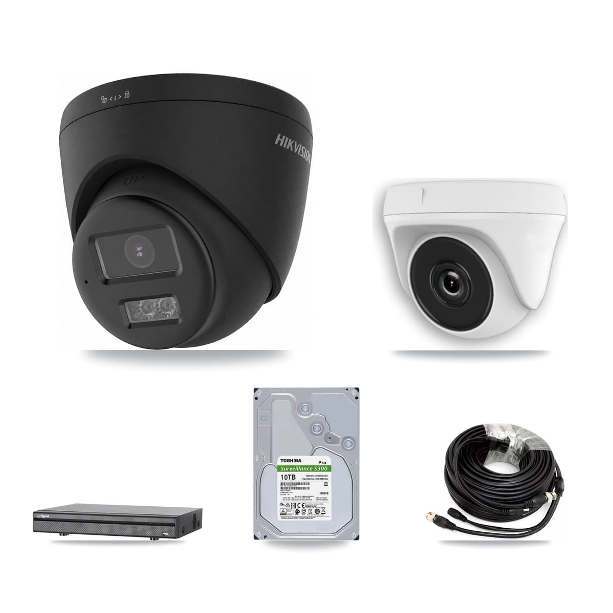 Hikvision & Dahua 8-Channel 2MP – 4K CCTV Kit — 3 Black 4K Turret + 3 White 2MP Dome Cameras + 10TB Recording (DH-XVR5108H Recorder)