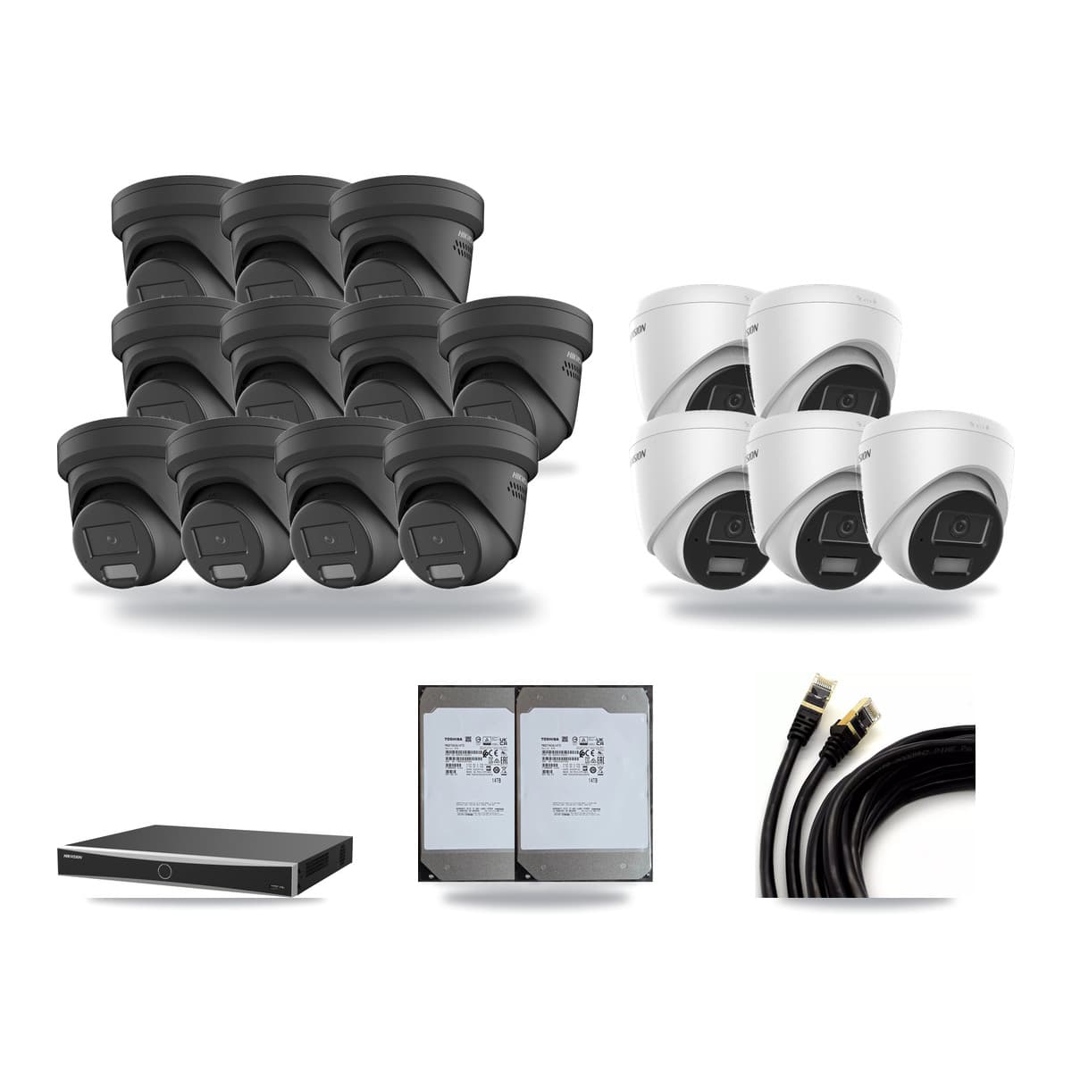 Hikvision 16-Channel 4MP CCTV Kit — 5 DS-2CD1343G2 + 11 Black DS-2CD2347G2 Turret Cameras + 2× 14TB Recording (DS-7616NXI Recorder) - Image 1