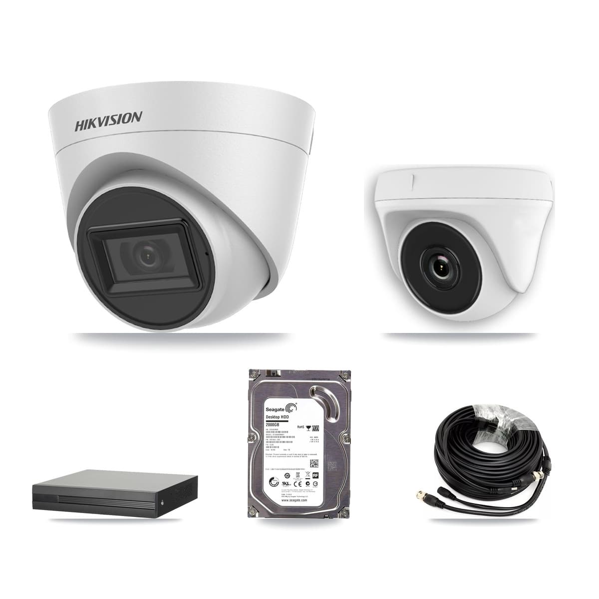 Hikvision 8-Channel 2MP – 5MP CCTV Kit — 1 White 5MP Turret + 1 White 2MP Dome Cameras + 2TB Recording (XVR-3108HS Recorder)
