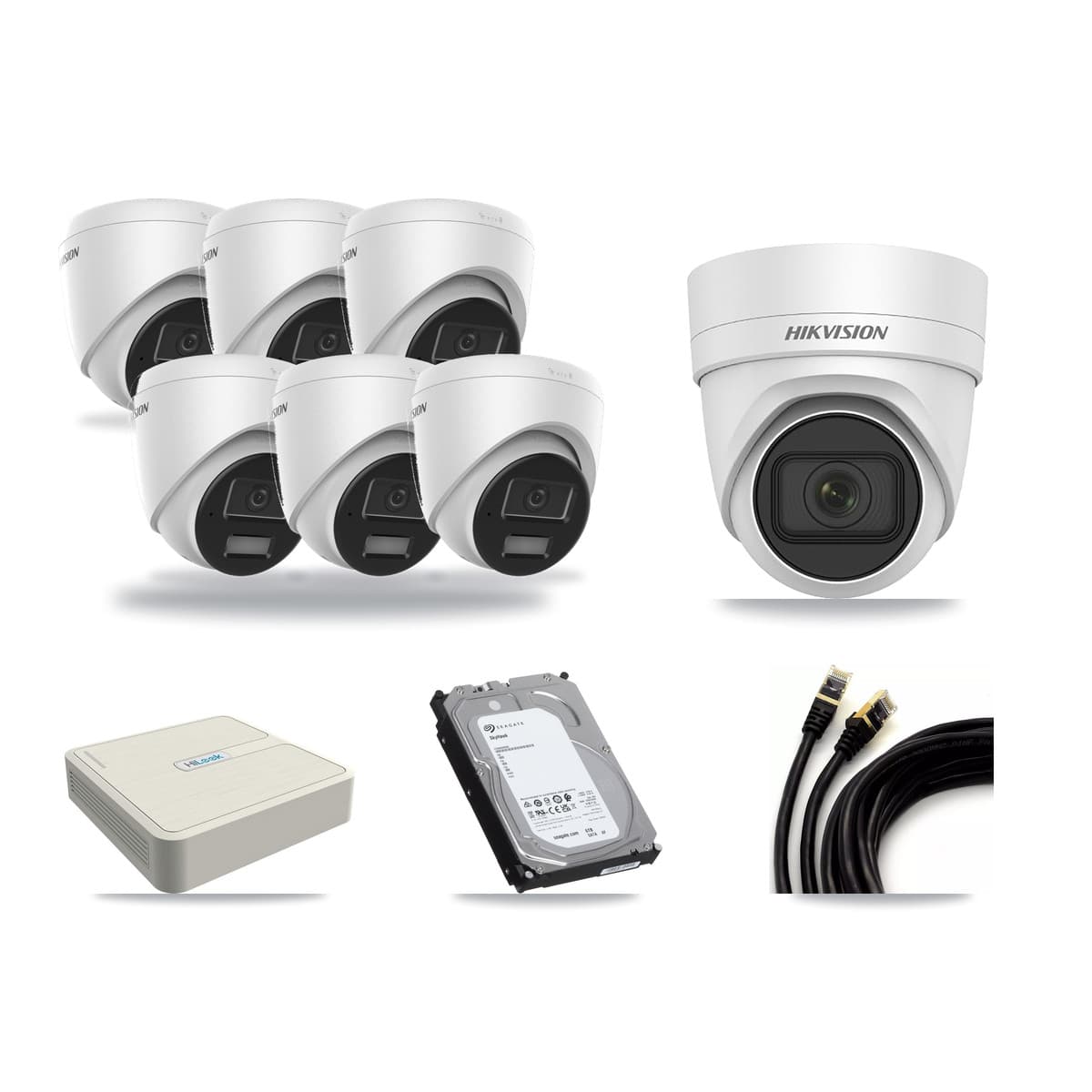 Hikvision & HiLook 8-Channel 4MP CCTV Kit — 6 DS-2CD1343G2 + 1 DS-2CD2H45FWD Turret Cameras + 6TB Recording - Image 1