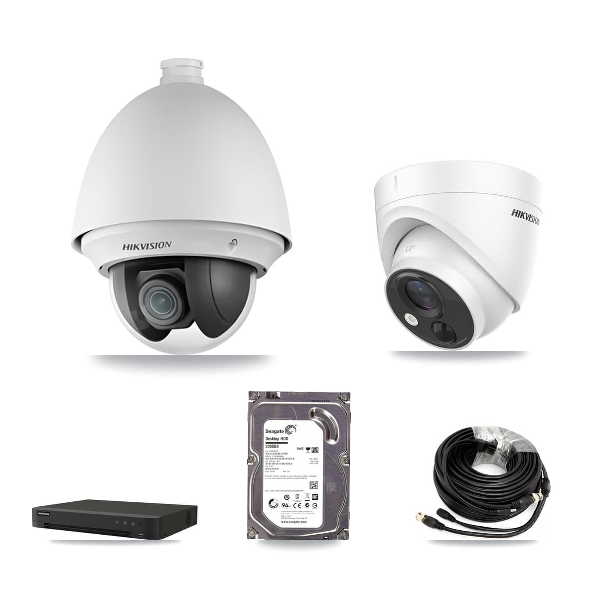 Hikvision 16-Channel 2MP – 5MP CCTV Kit — 1 DS-2AE4225T 2MP PTZ + 1 DS-2CE71H0T 5MP Turret Cameras + 2TB Recording (IDS-7216HQHI Recorder)