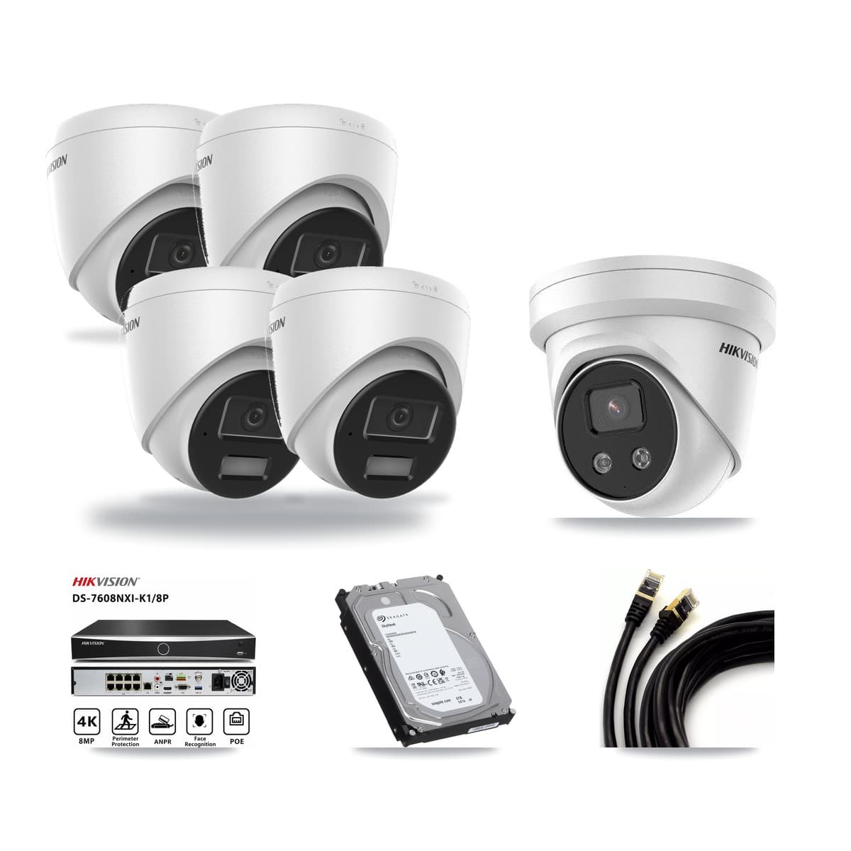 Hikvision 8-Channel 4MP – 5MP CCTV Kit — 4 4MP + 1 5MP Turret Cameras + 6TB Recording (DS-7608NXI Recorder) - Image 1