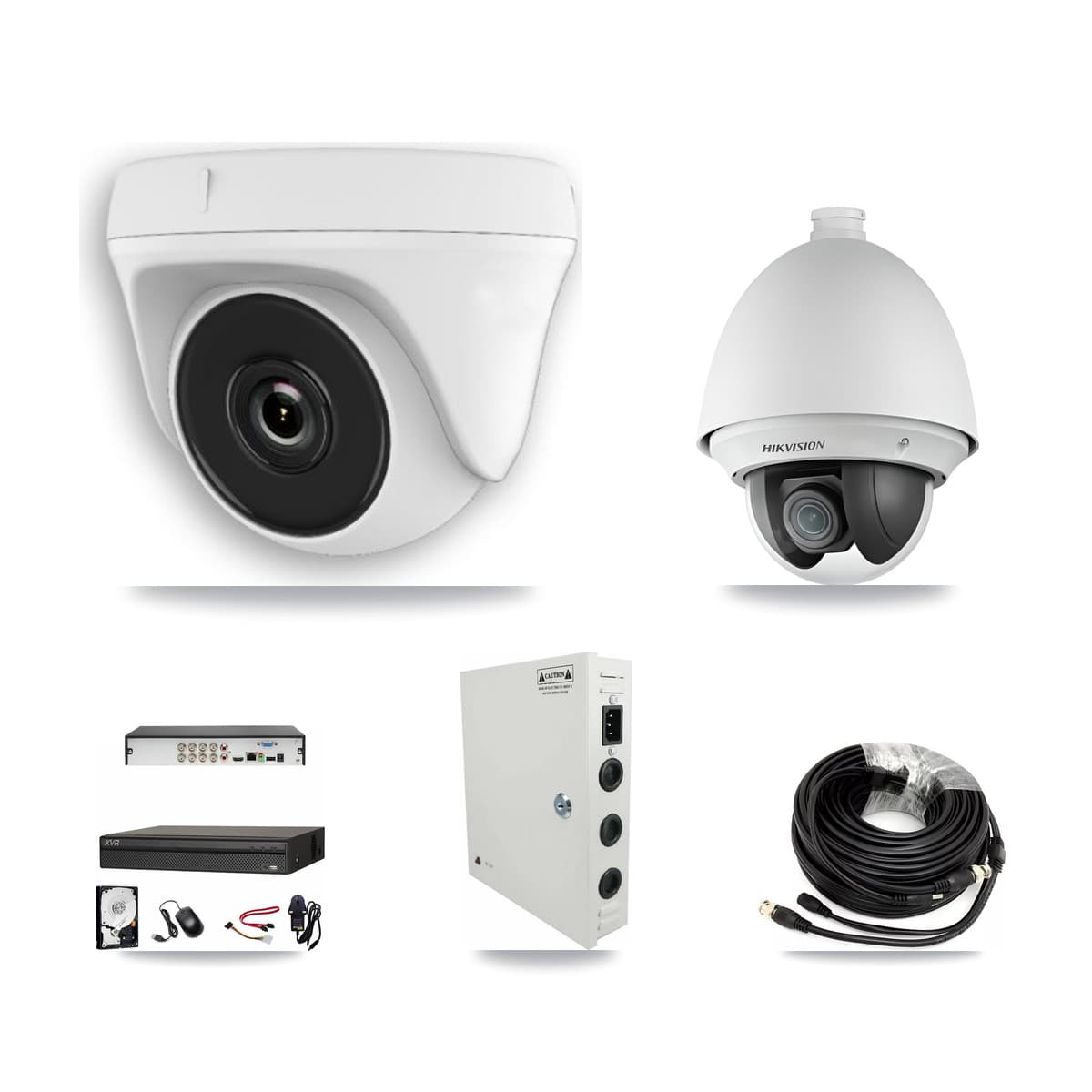 Hikvision & Dahua 8-Channel 2MP CCTV Kit — 1 DS-2AE4225T PTZ + 3 White HDT-2MP-N20W Dome Cameras + 3TB Recording