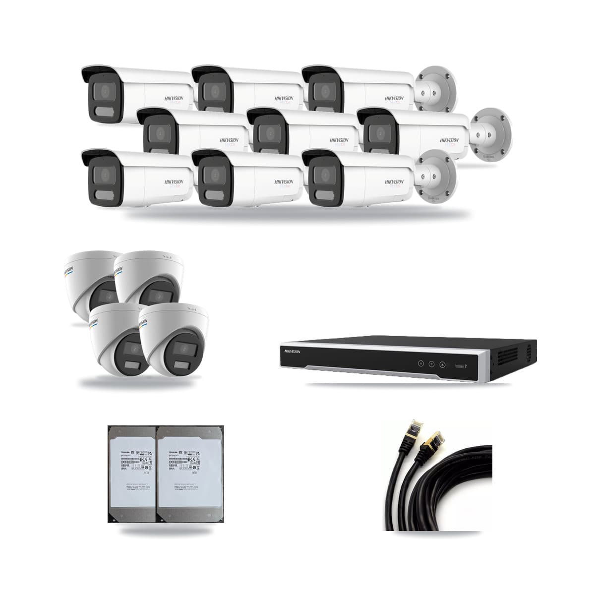 Hikvision 16-Channel 2MP – 4K CCTV Kit — 4 2MP Turret + 9 White 4K Bullet Cameras + 2× 14TB Recording (DS-7616NI-M2 Recorder) - Image 1