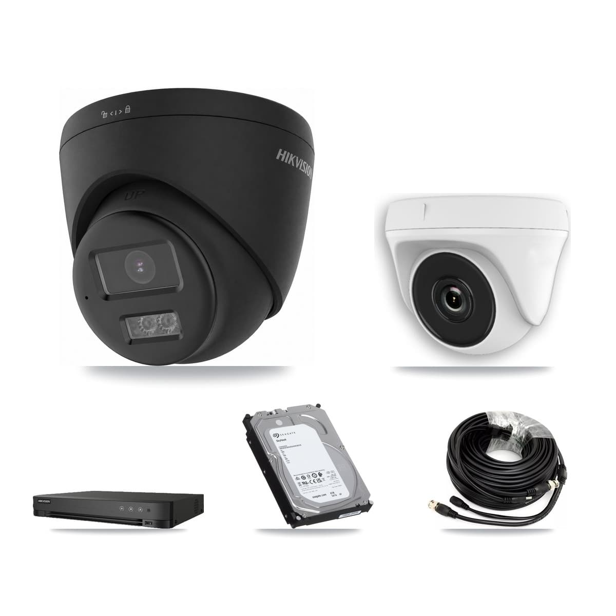 Hikvision 8-Channel 2MP – 4K CCTV Kit — 2 Black DS-2CE78U0T-LTS-BLACK 4K Turret + 2 White HDT-2MP-N20W-2.8MM 2MP Dome Cameras + 6TB Recording (IDS-7208HUHI-M1/E Recorder)