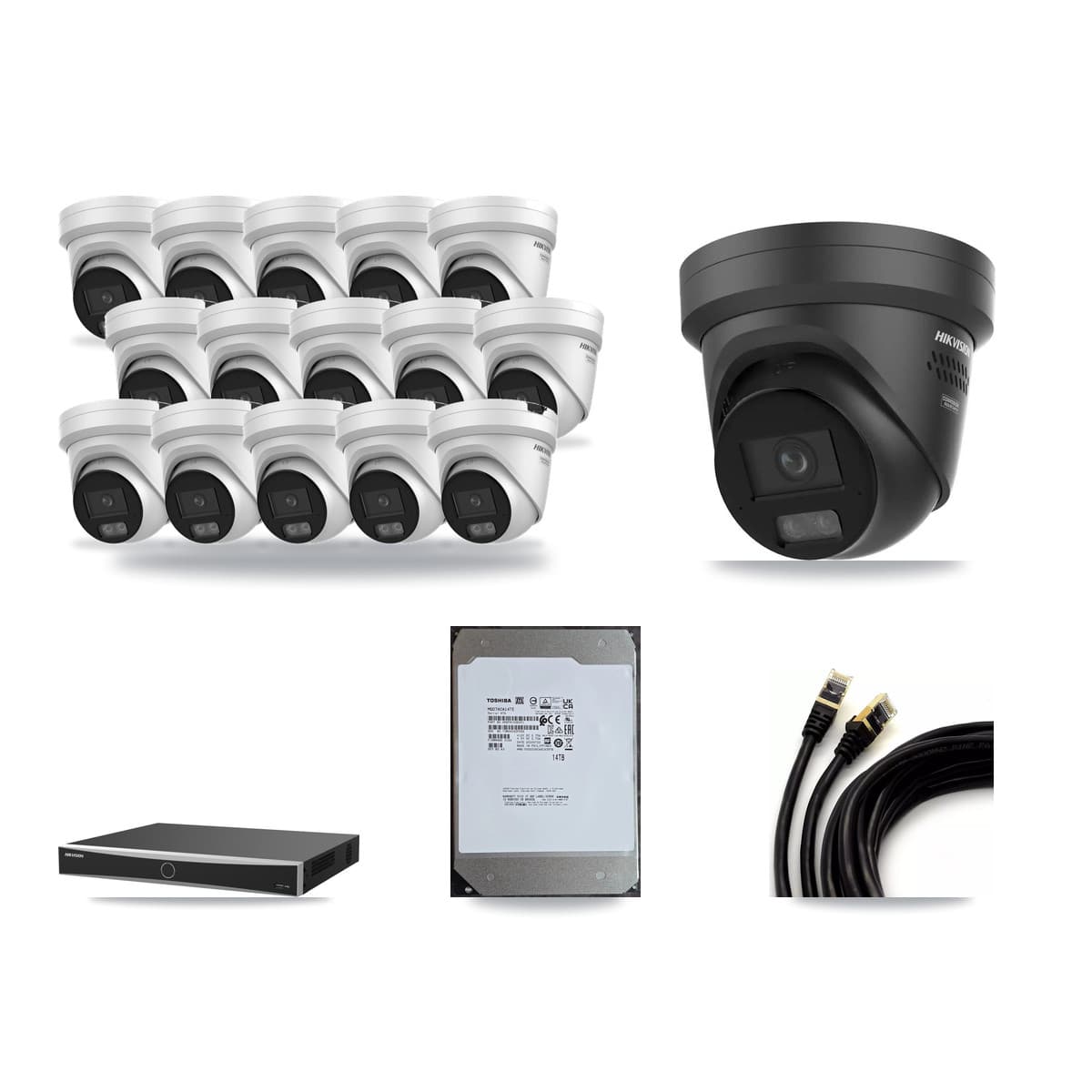 Hikvision 16-Channel 4K CCTV Kit — 15 + 1 Black Turret Cameras + 14TB Recording (DS-7616NXI Recorder) - Image 1