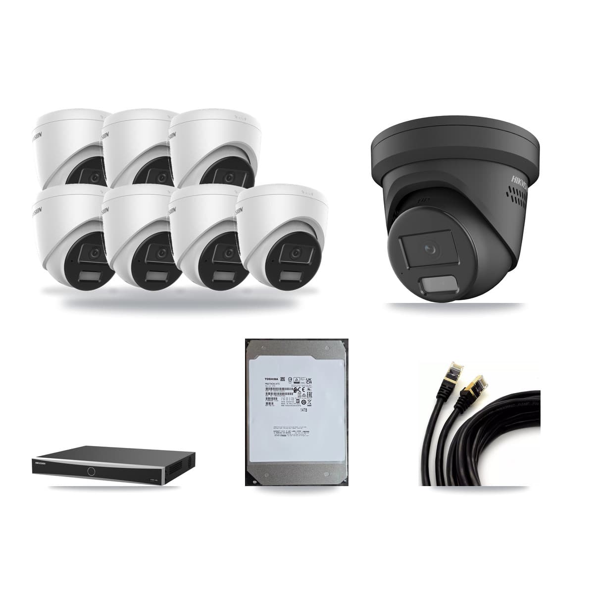 Hikvision 16-Channel 4MP CCTV Kit — 7 DS-2CD1343G2 + 1 Black DS-2CD2347G2 Turret Cameras + 14TB Recording (DS-7616NXI Recorder) - Image 1