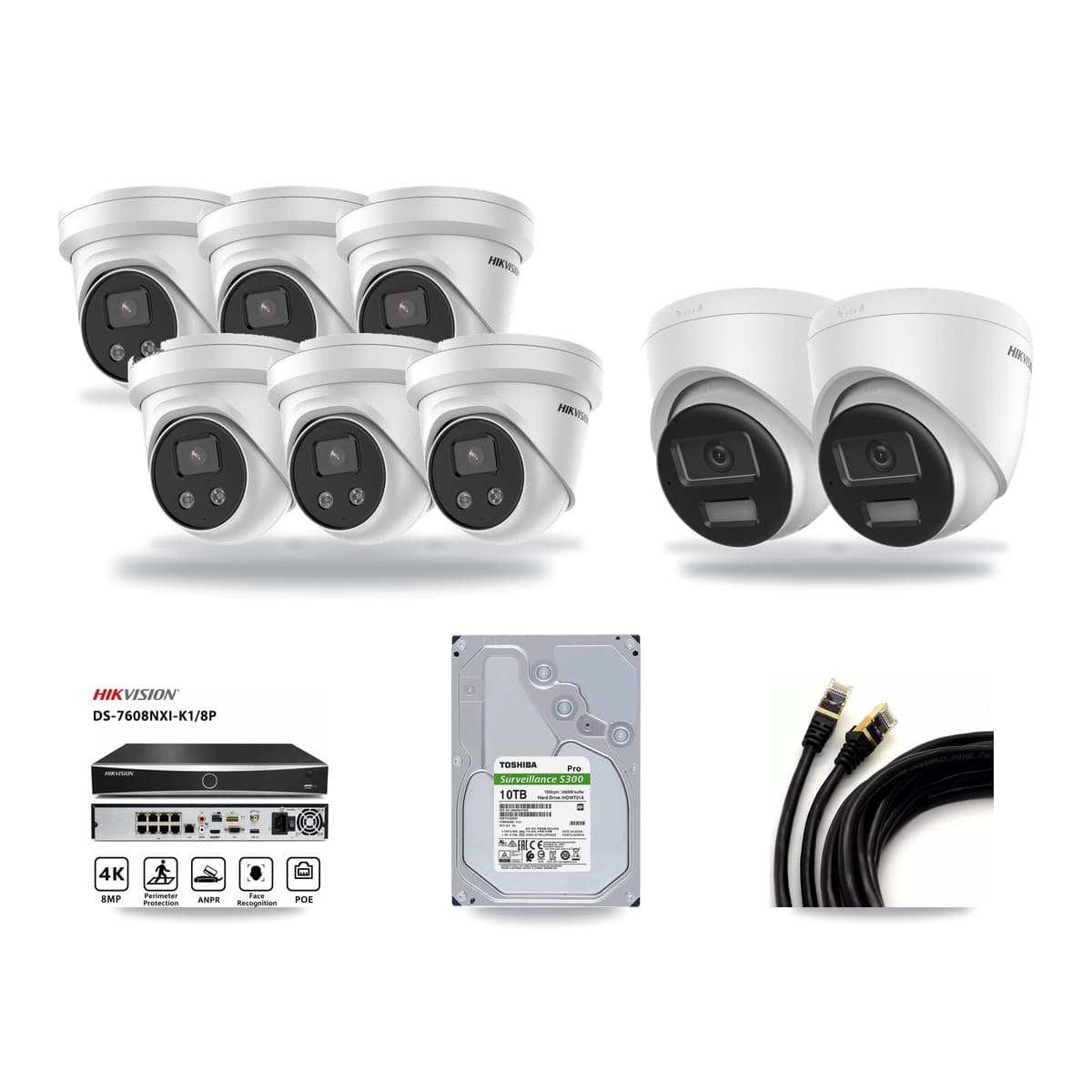Hikvision 8-Channel 5MP – 4K CCTV Kit — 2 DS-2CD1383G2-LIU 4K + 6 DS-2CD3356G2-ISU 5MP Turret Cameras + 10TB Recording (DS-7608NXI-K1/8P Recorder) - Image 1