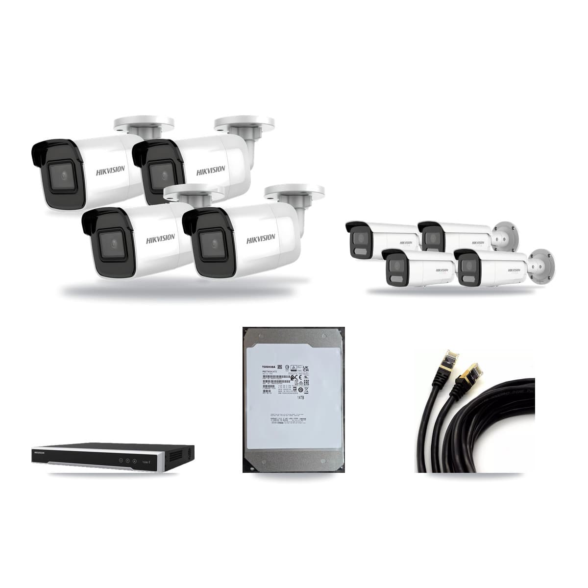 Hikvision 8-channel CCTV kit: 8 cameras (4× 4K Bullet DS-2CD2085G1 + 4× 4K Bullet DS-2CD2T87G2H), 14TB hard drive