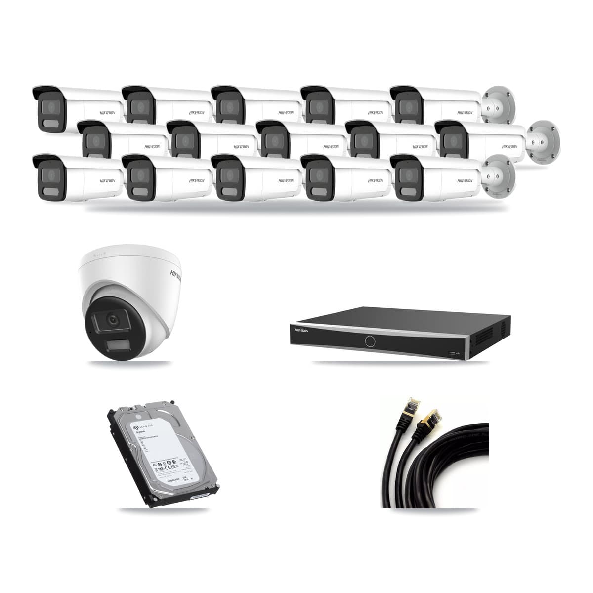 Hikvision 16-Channel 4MP – 4K CCTV Kit — 1 DS-2CD1383G2-LIUF/SL 4K Turret + 15 DS-2CD2T47G2H-LISU/SL 4MP Bullet Cameras + 6TB Recording (DS-7616NXI-K2/16P(E) Recorder) - Image 1