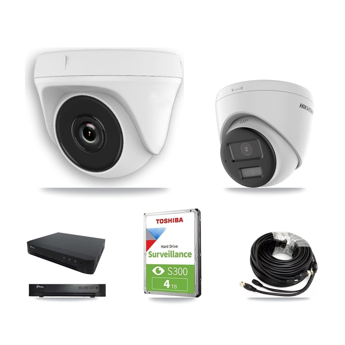 Hikvision & Prolux 16-Channel 2MP – 5MP CCTV Kit — 1 DS-2CE78K0T 5MP Turret + 4 White HDT-2MP-N20W 2MP Dome Cameras + 4TB Recording