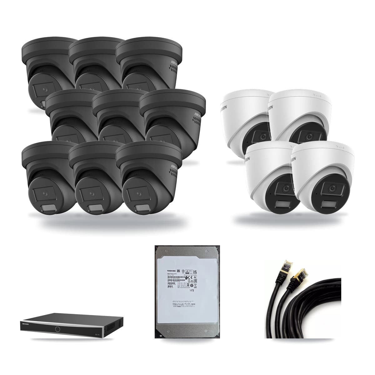 Hikvision 16-Channel 4MP CCTV Kit — 4 DS-2CD1343G2 + 9 Black DS-2CD2347G2 Turret Cameras + 14TB Recording (DS-7616NXI Recorder) - Image 1