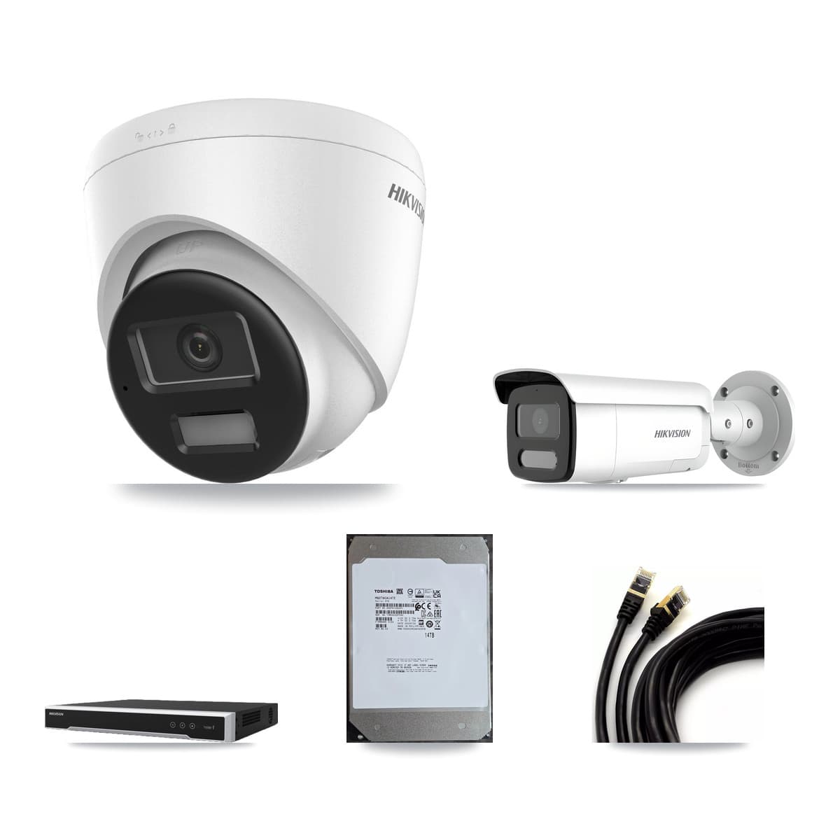 Hikvision 8-Channel 4MP – 4K CCTV Kit — 5 DS-2CD1383G2-LIUF/SL 4K Turret + 1 DS-2CD2T47G2H-LISU/SL 4MP Bullet Cameras + 14TB Recording (DS-7608NI-M2/8P Recorder) - Image 1