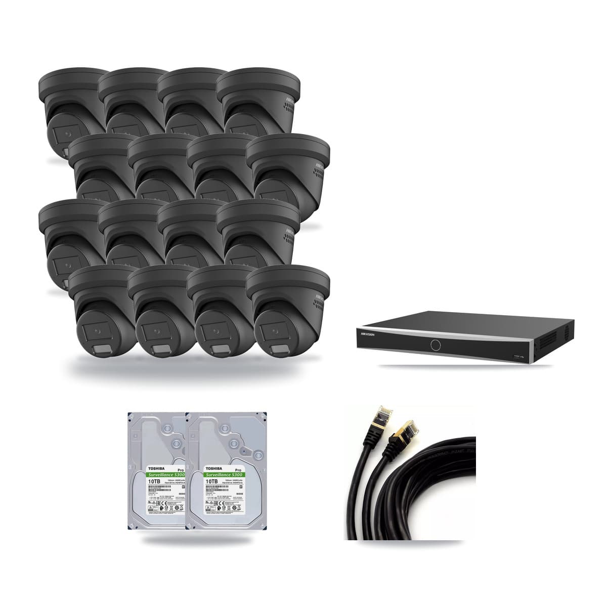 Hikvision 16-Channel 4MP CCTV Kit — 16 Black Turret Cameras + 2× 10TB Recording (DS-7616NXI Recorder) - Image 1