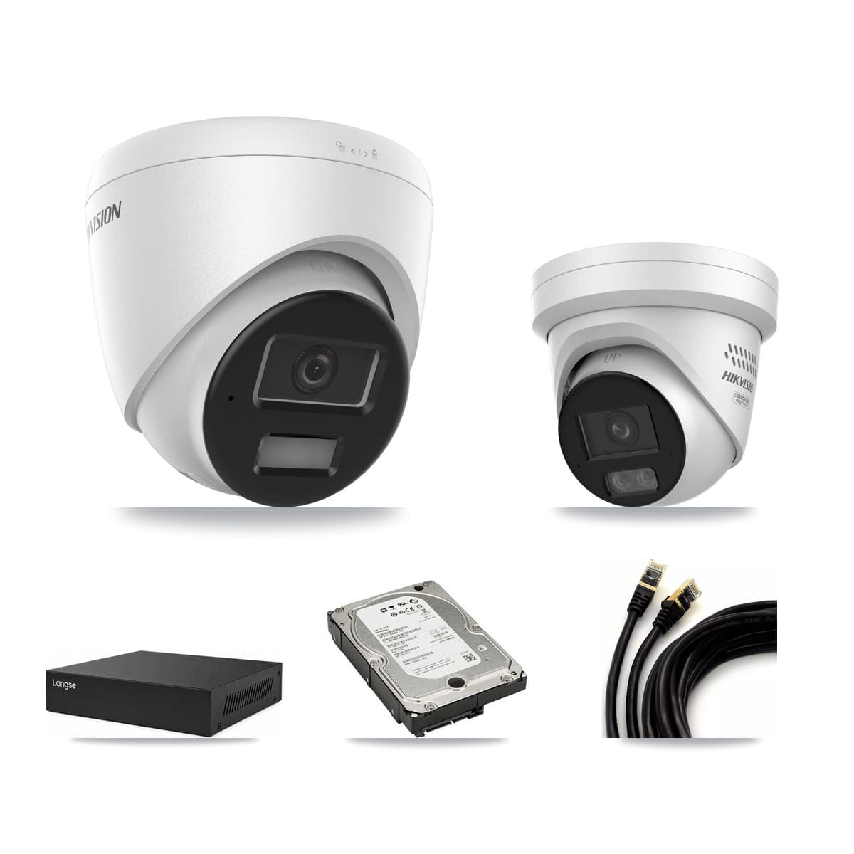 Hikvision & Longse 8-Channel 4MP CCTV Kit — 2 DS-2CD1343G2 + 2 DS-2CD2347G3 Turret Cameras + 5TB Recording