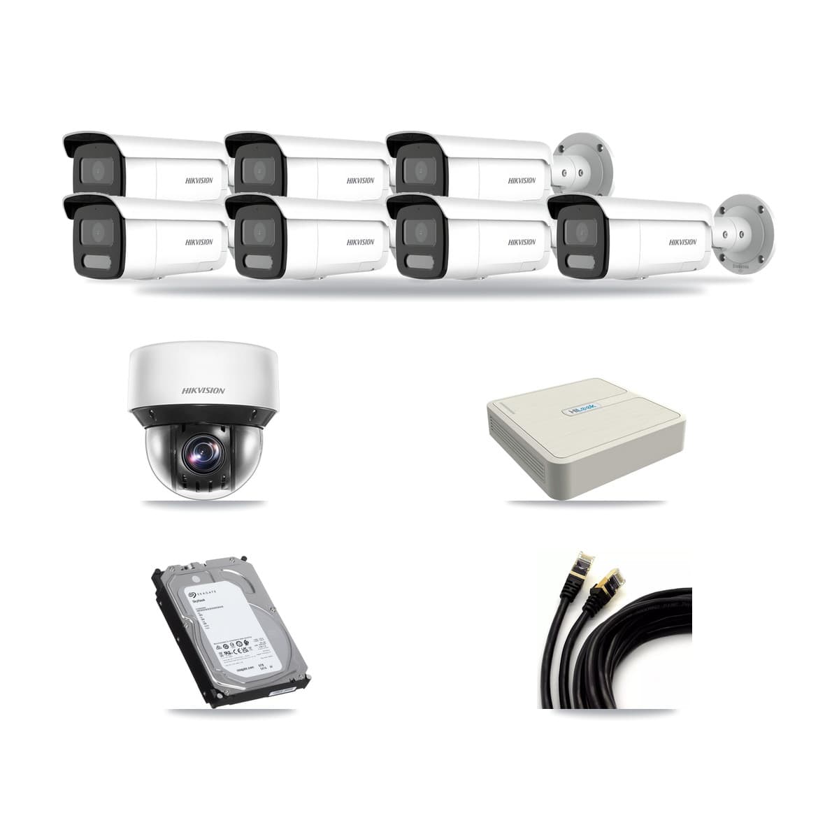 Hikvision & HiLook 8-Channel 4MP CCTV Kit — 7 DS-2CD2T47G2H Bullet + 1 DS-2DE4A425IW PTZ Cameras + 6TB Recording - Image 1