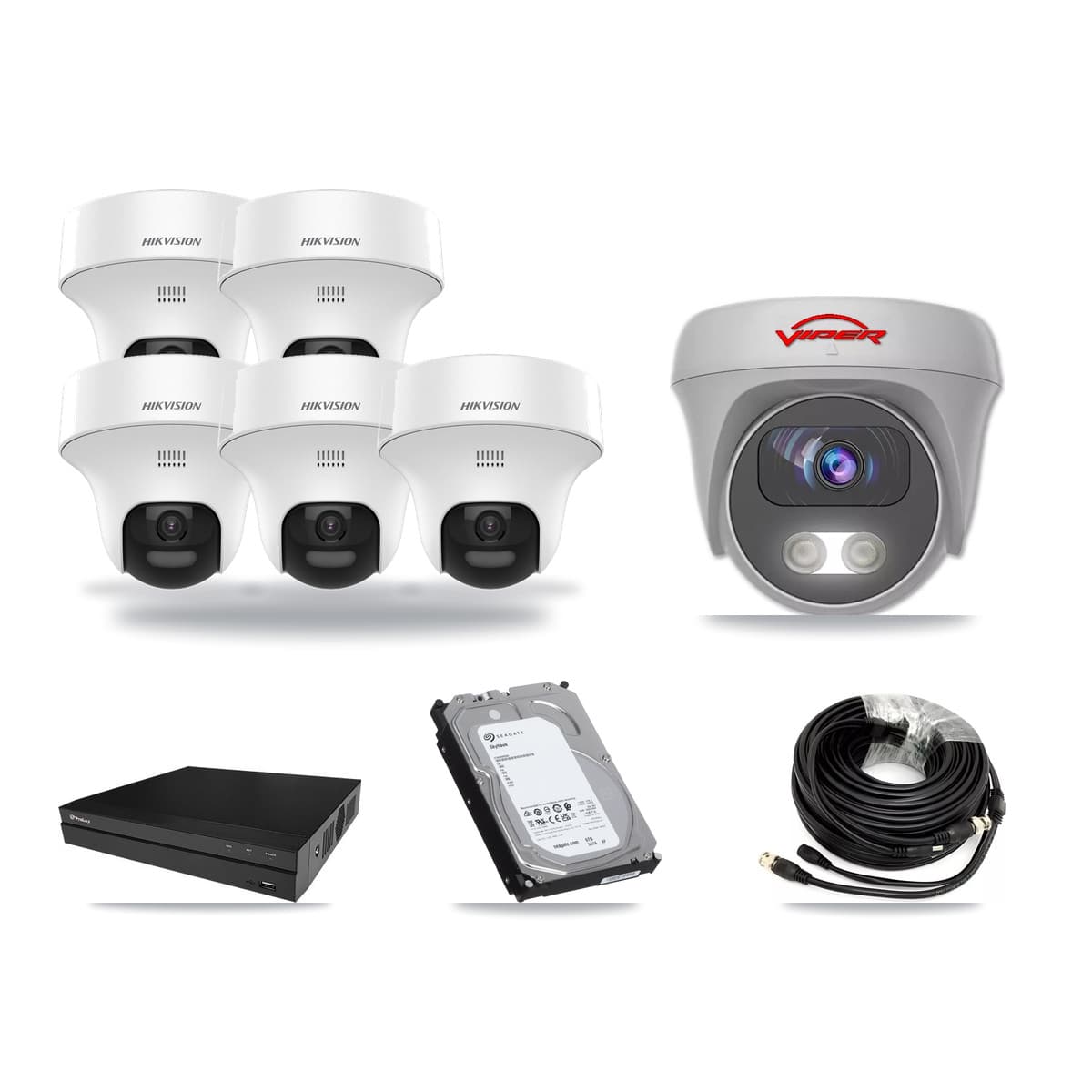 8-Channel 5MP CCTV Kit — 5 DS-2CE70K0T Turret + 1 White VIPER-5MP-3K Cameras + 6TB Recording (PXD-5208AN Recorder) - Image 1