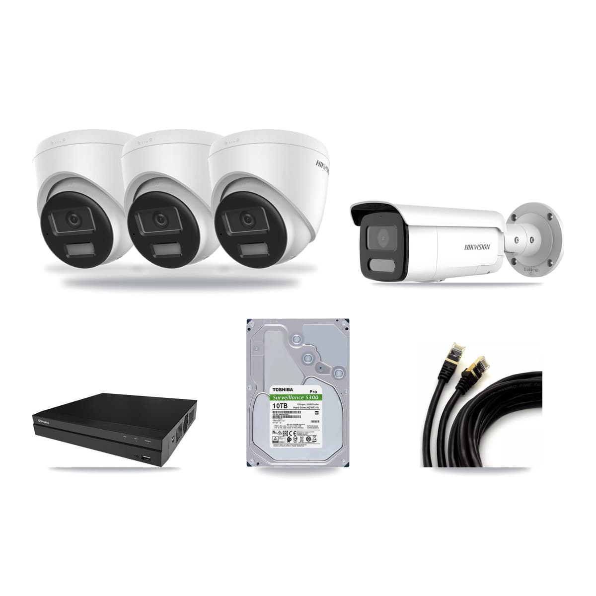 Hikvision & Prolux 8-Channel 4MP – 4K CCTV Kit — 3 DS-2CD1383G2-LIU 4K Turret + 1 DS-2CD2T47G2H-LISU/SL 4MP Bullet Cameras + 10TB Recording (PXN-2108HS-8P-4K Recorder) - Image 1