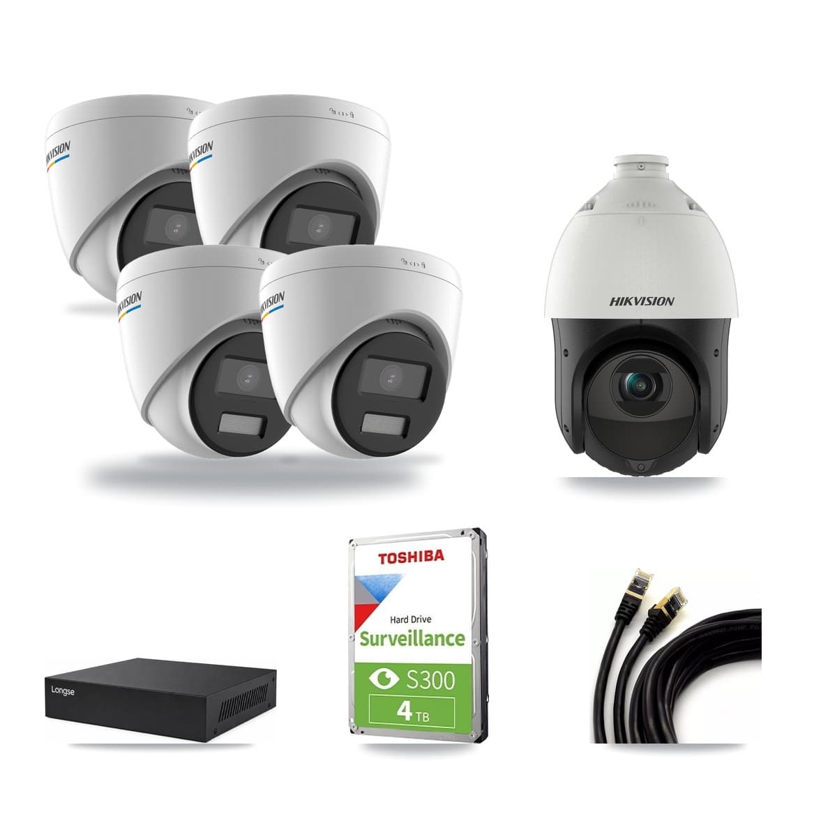 Hikvision & Longse 8-Channel 2MP – 4MP CCTV Kit — 4 2MP Turret + 1 4MP PTZ Cameras + 4TB Recording - Image 1