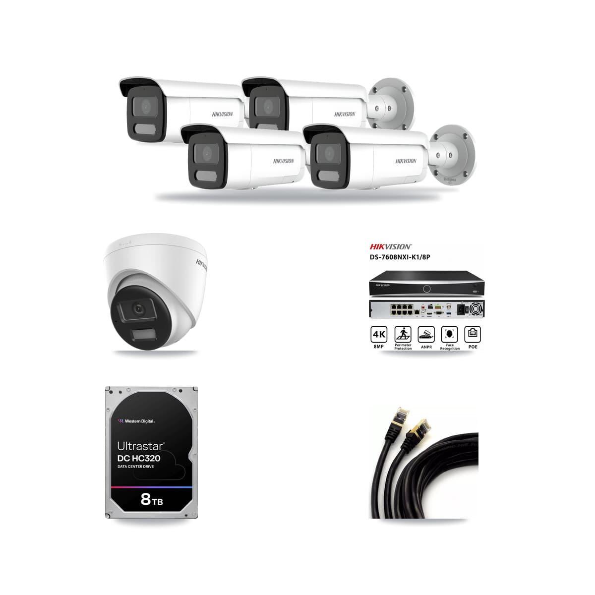 Hikvision 8-Channel 4MP – 4K CCTV Kit — 1 DS-2CD1383G2-LIU 4K Turret + 4 DS-2CD2T47G2H-LISU/SL 4MP Bullet Cameras + 8TB Recording (DS-7608NXI-K1/8P Recorder) - Image 1