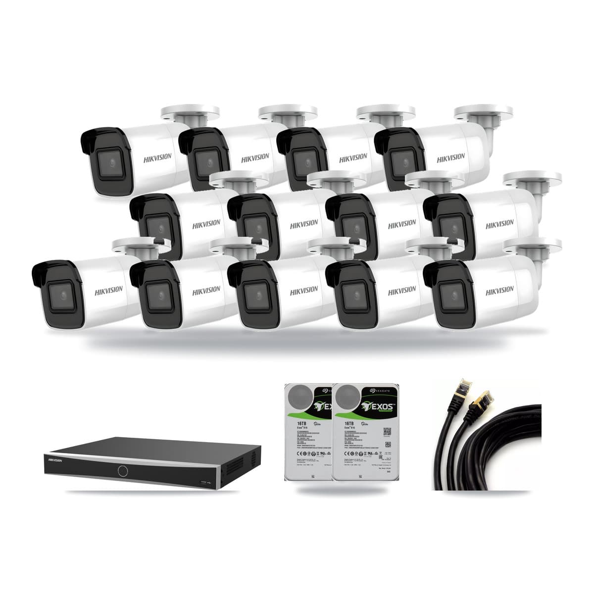Hikvision 16-Channel 4K CCTV Kit — 13 Bullet Cameras + 2× 16TB Recording (DS-7616NXI Recorder) - Image 1