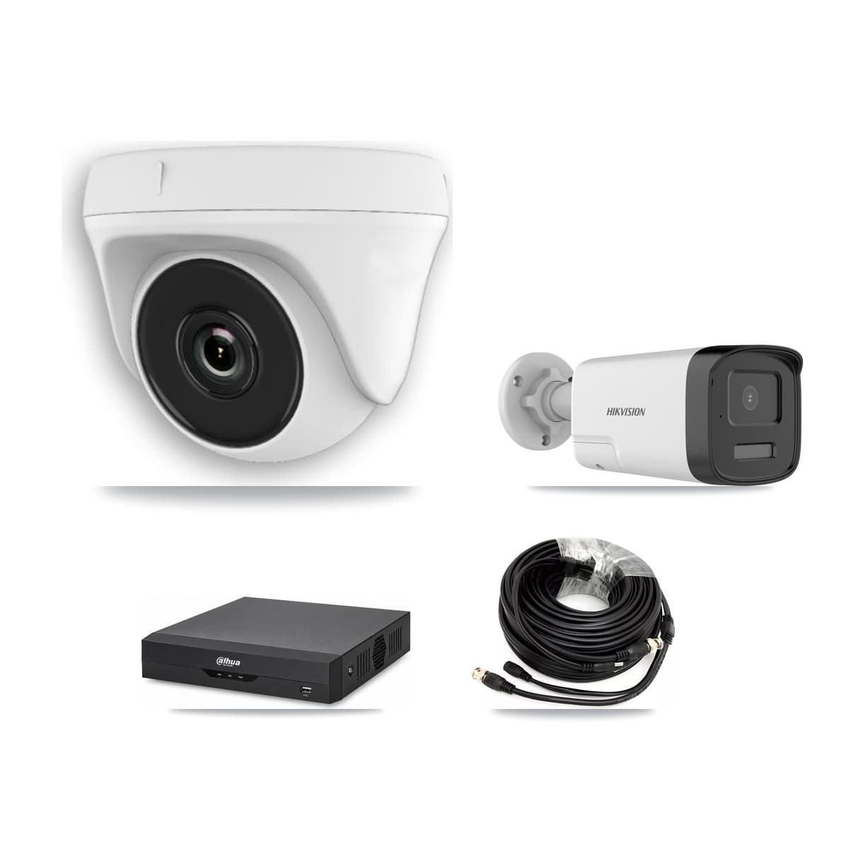 Hikvision & Dahua 4-Channel 2MP – 5MP CCTV Kit — 1 DS-2CE17K0T 5MP Bullet + 3 White HDT-2MP-N20W 2MP Dome Cameras + 3TB Recording