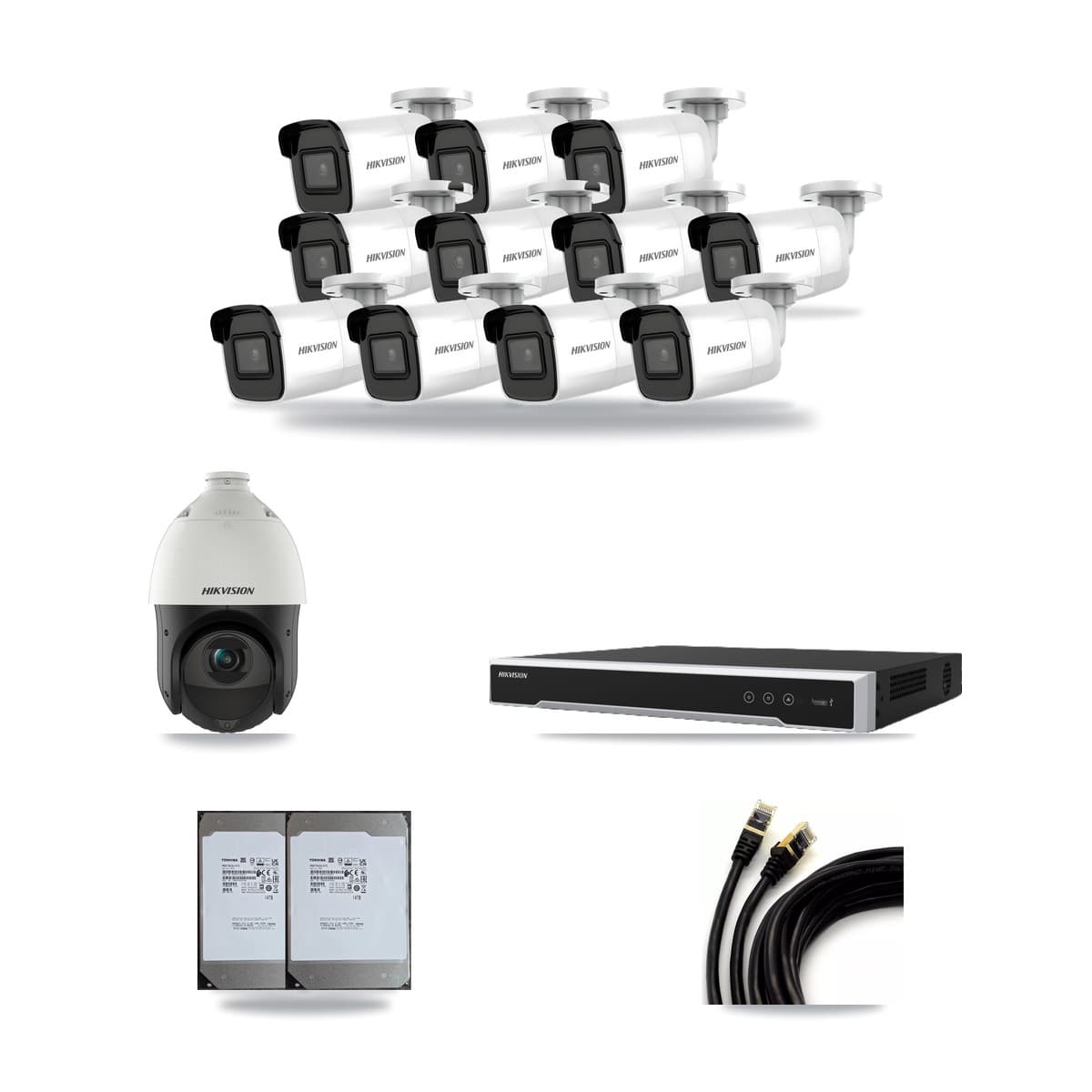 Hikvision 16-Channel 4MP – 4K CCTV Kit — 11 4K Bullet + 1 4MP PTZ Cameras + 2× 14TB Recording - Image 1