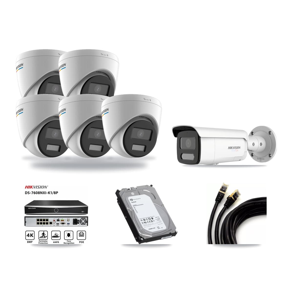 Hikvision 8-Channel 2MP – 4K CCTV Kit — 5 2MP Turret + 1 White 4K Bullet Cameras + 6TB Recording (DS-7608NXI Recorder) - Image 1
