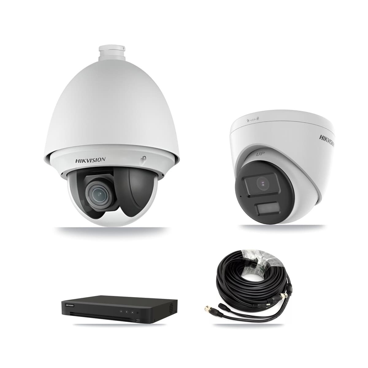 Hikvision 8-Channel 2MP – 4K CCTV Kit — 1 DS-2AE4225T-A 2MP PTZ + 1 DS-2CE78U0T-LPTS 4K Turret Cameras + 3TB Recording (IDS-7208HUHI-M1/XT Recorder)