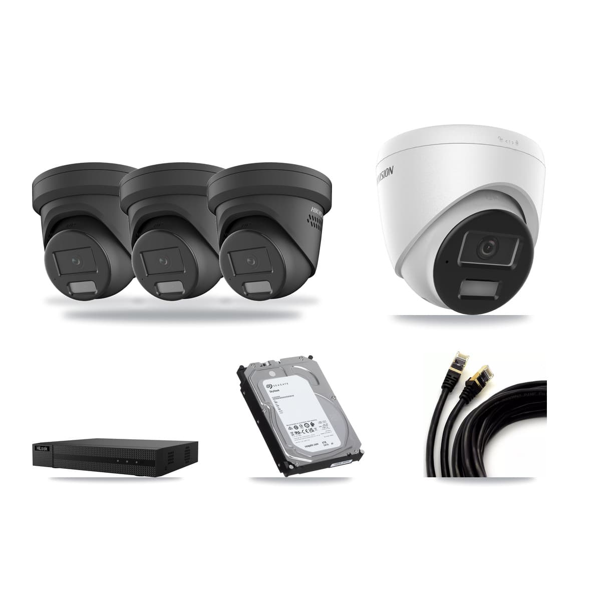 Hikvision & HiLook 8-Channel 4MP CCTV Kit — 1 DS-2CD1343G2 + 3 Black DS-2CD2347G2 Turret Cameras + 6TB Recording (NVR-108MH-D Recorder) - Image 1
