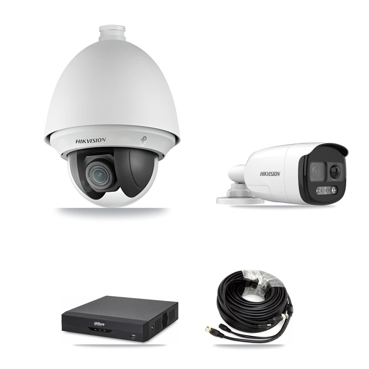 Hikvision & Dahua 4-Channel 2MP – 5MP CCTV Kit — 1 DS-2AE4225T 2MP PTZ + 1 DS-2CE12KF3T 5MP Bullet Cameras + 2TB Recording