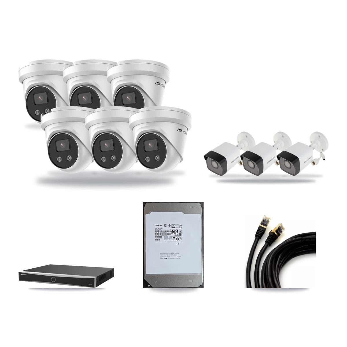 Hikvision 16-channel CCTV kit: 9 cameras (6× 5MP Turret + 3× 5MP Bullet), 14TB hard drive