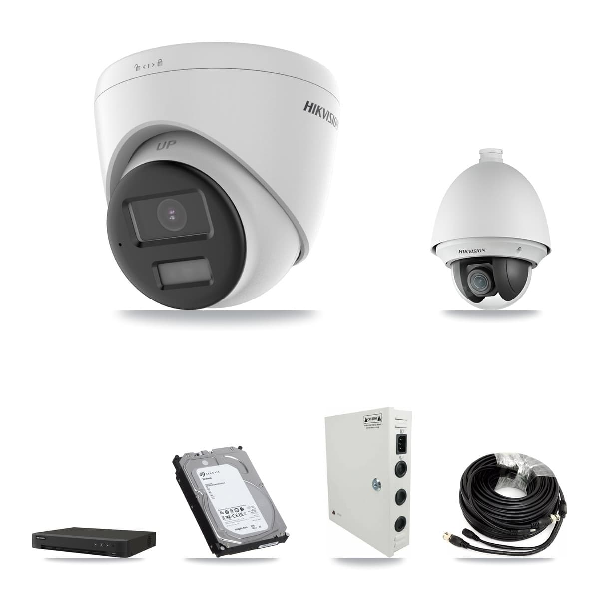 Hikvision 8-Channel 2MP – 4K CCTV Kit — 1 DS-2AE4225T-A 2MP PTZ + 5 DS-2CE78U0T-LPTS 4K Turret Cameras + 6TB Recording (IDS-7208HUHI-M1/XT Recorder)
