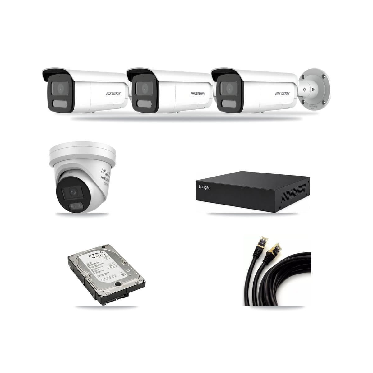 Hikvision & Longse 8-Channel 4MP CCTV Kit — 1 DS-2CD2347G3 Turret + 3 DS-2CD2T47G2H Bullet Cameras + 5TB Recording - Image 1