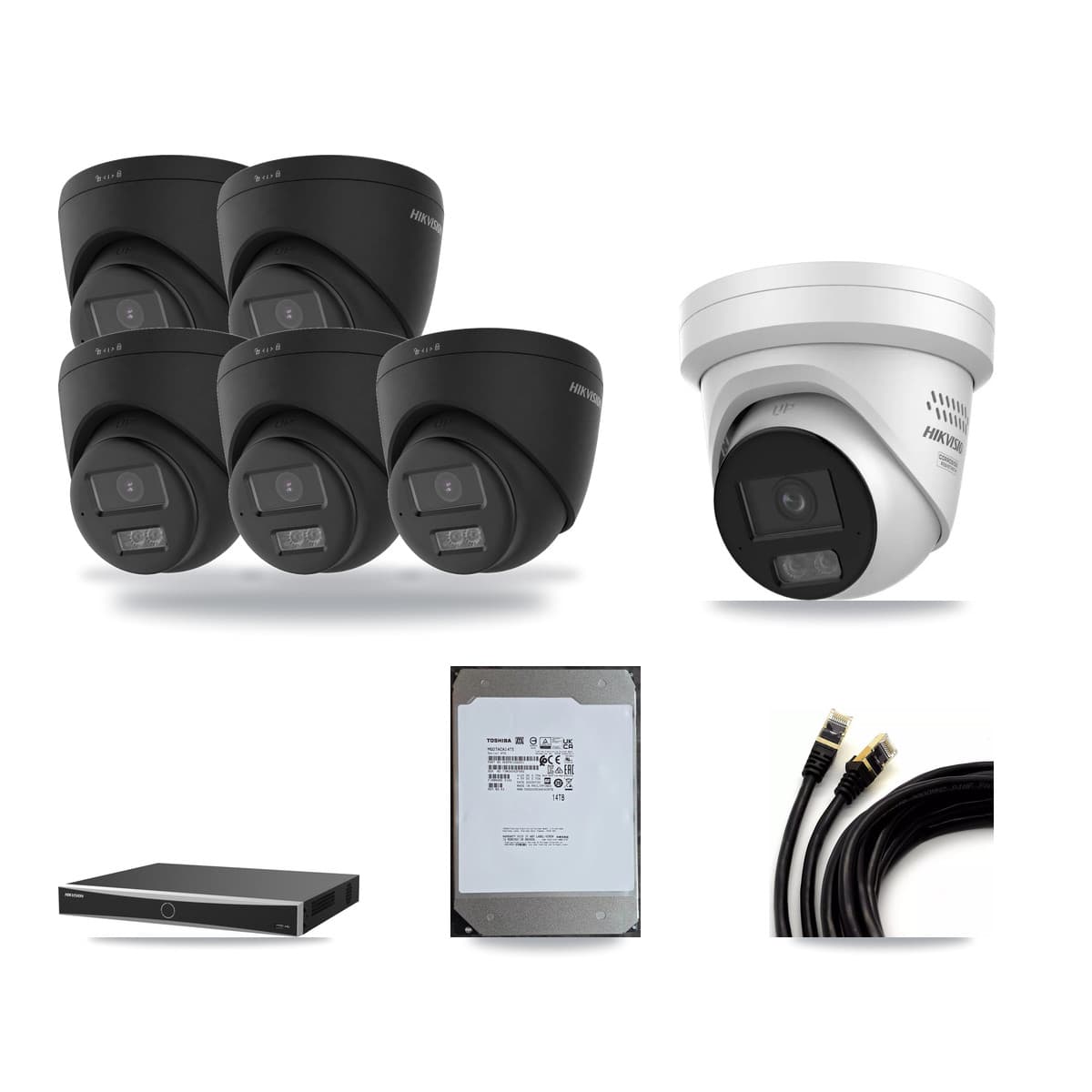 Hikvision 16-Channel 4MP – 4K CCTV Kit — 5 Black 4K + 1 4MP Turret Cameras + 14TB Recording (DS-7616NXI Recorder) - Image 1