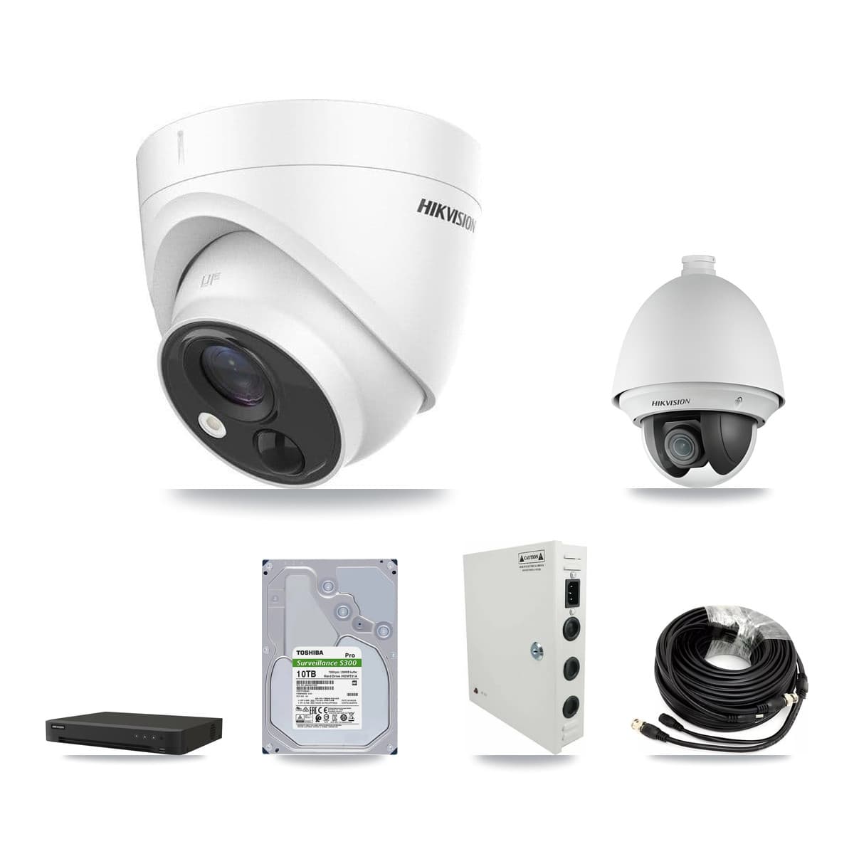 Hikvision 16-Channel 2MP – 5MP CCTV Kit — 1 DS-2AE4225T 2MP PTZ + 7 DS-2CE71H0T 5MP Turret Cameras + 10TB Recording (IDS-7216HQHI Recorder)